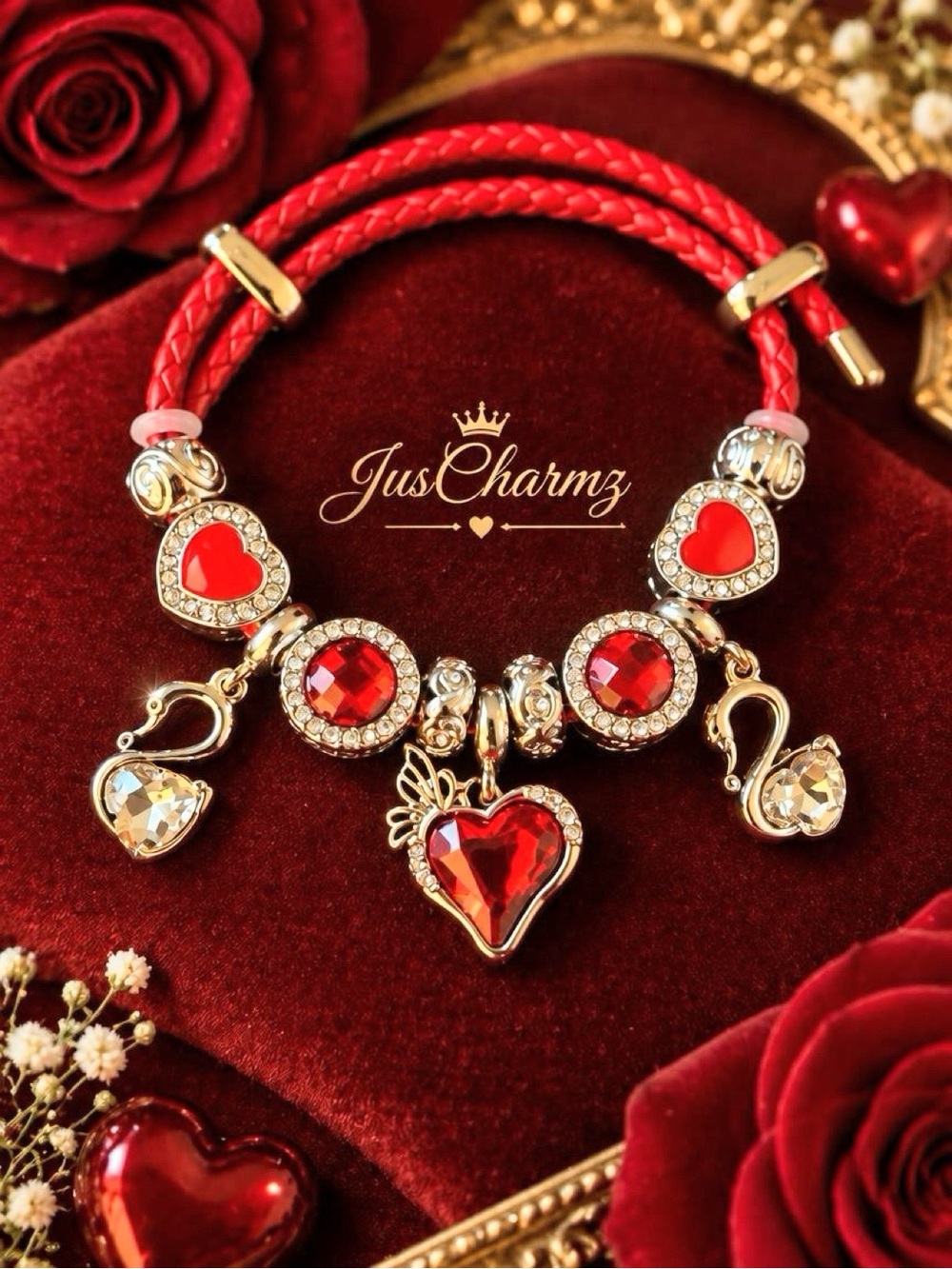 Romantic Red Enamel Heart & Swan Charm Bracelet